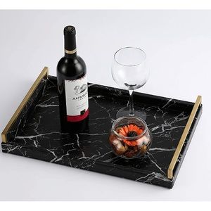Faux Leather Black Marble Decorative Tray